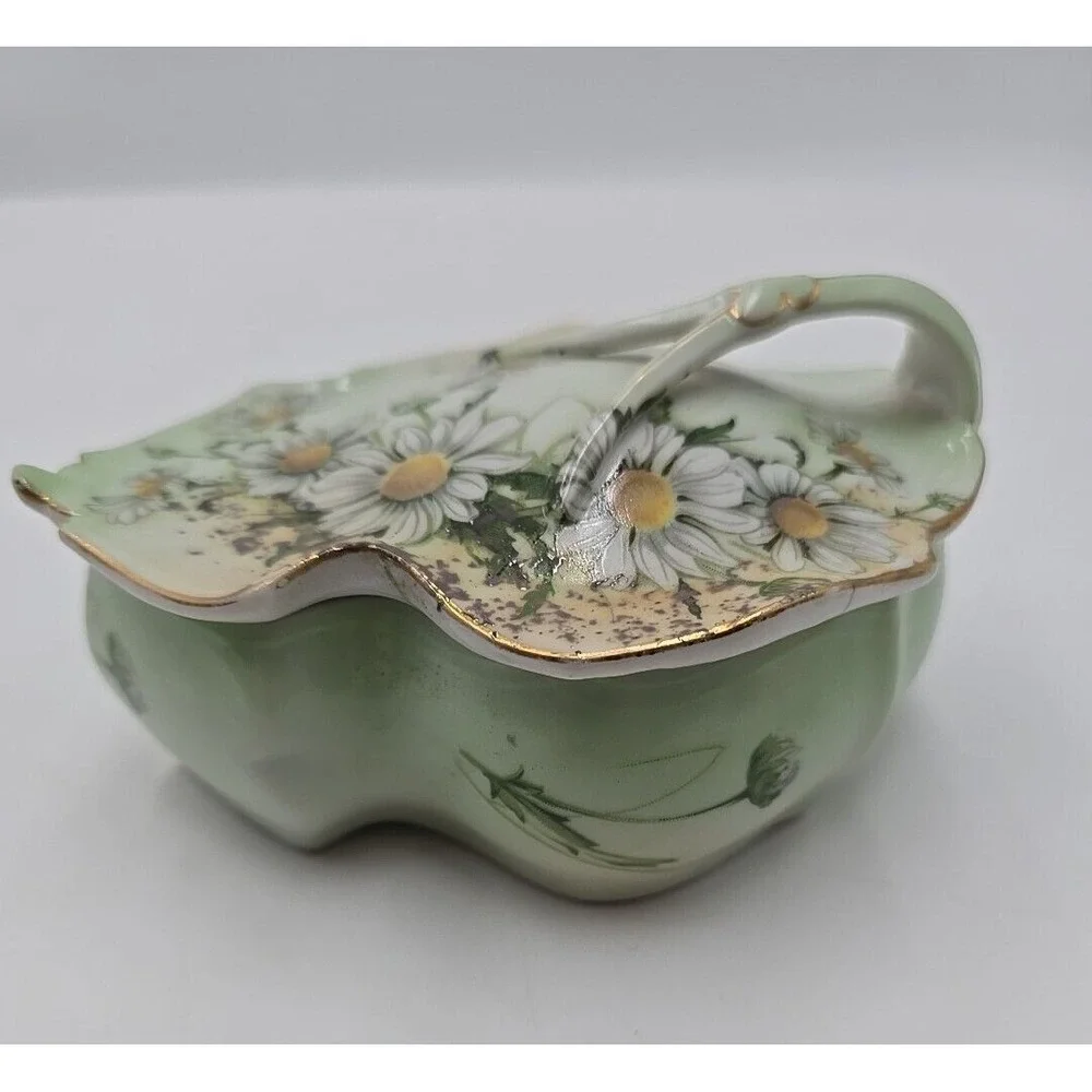Vintage Limoges China Daisy Trinket Dish Spoon Green Gold Cottagecore Floral 🌼